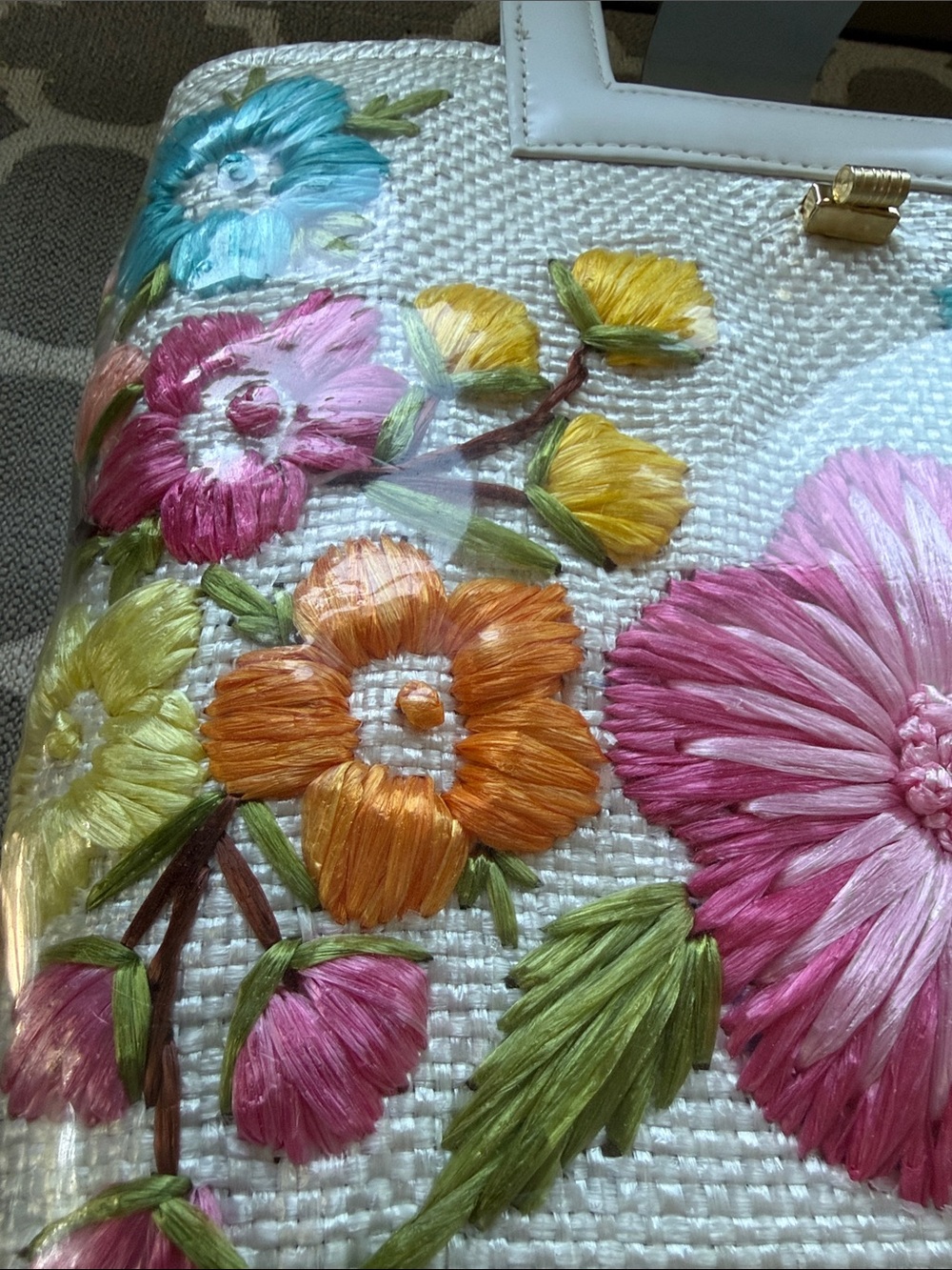 Vintage unused purse 1950’s 1960’s? White woven rafia, vinyl trim, floral - Picture 8 of 10